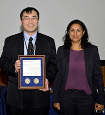 Left photo: Bow-Nan Cheng, left, is shown with Aradhana Narula-Tam, assistant leader of the Tactical Networks Group, who gave the introduction for Dr. Cheng’s award at the technical awards ceremony.