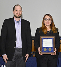 Right photo: Francesca D’Arcangelo, right, is shown with Michael Watson, assistant leader of the Homeland Protection Systems Group, who gave the introduction for Dr. D’Arcangelo’s award.