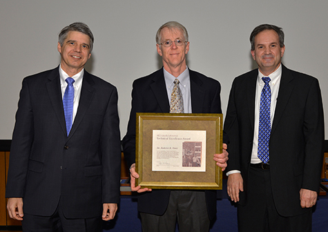 Dr. Roderick Kunz (center) was presented a 2013 Technical Excellence Award by MIT Lincoln Laboratory Director Eric Evans (left) and was introduced by Dr. Craig Keast (right), associate head of the Advanced Technology Division.   
